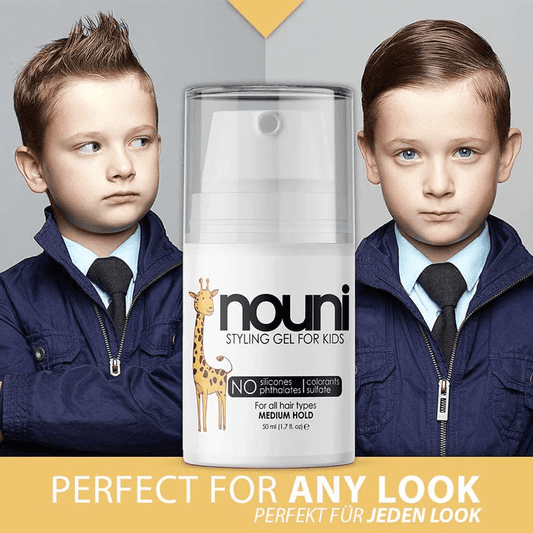 Two boys with styled hair and a bottle of Nouni Kids Hair Gel, safe and gentle with no sulfates, dyes, or silicones, 50ml.