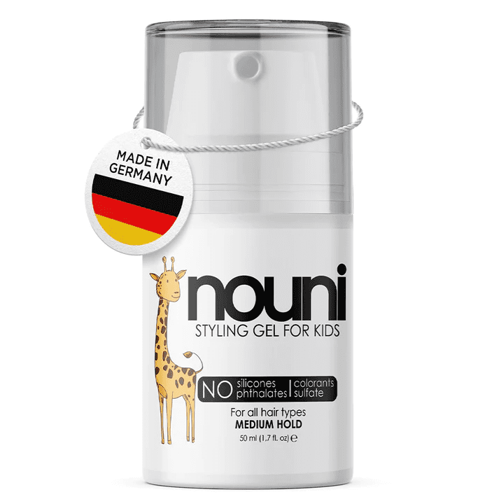 Nouni Kids Hair Gel 50ml, made in Germany, medium hold, no sulfates, silicones, dyes or phthalates.