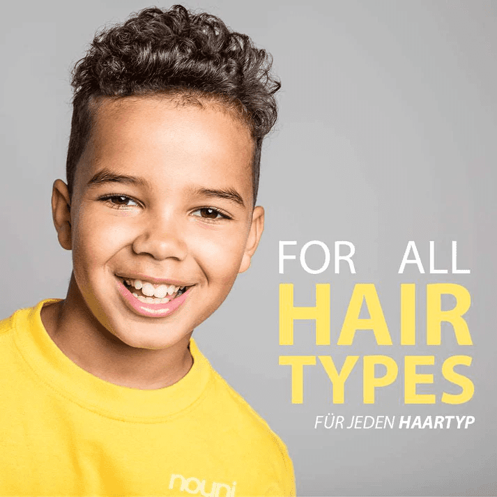 One boy with styled hair promotin Children Hair gel by Nouni on a grey background