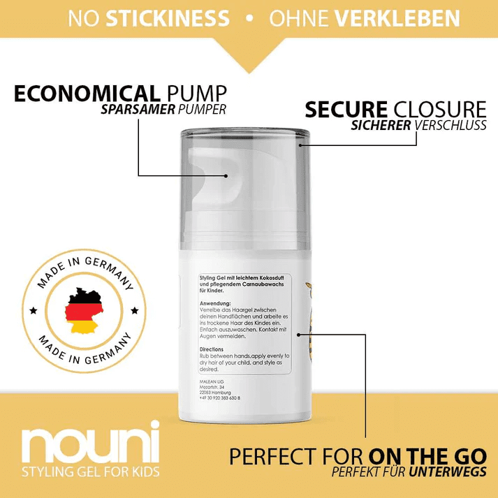 Bottle of children hair gel by noni with product description