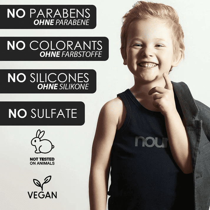 One boy with styled hair promoting Children Hair gel by Nouni on white background