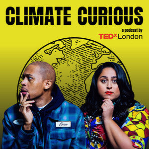 A man and woman in front of a stylized globe on a yellow background from Climate Curios cover