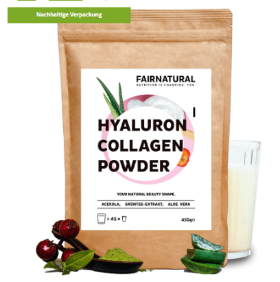 Photo of Fairnatural Collagen Hyaluron Powder in eco-packaging, with acerola, green tea, aloe vera