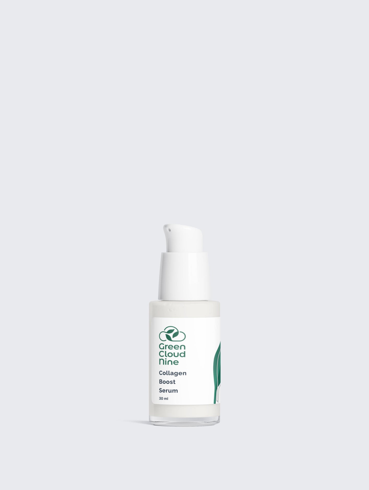 Collagen Boost Serum 30ml in a white pump bottle with Green Cloud Nine Logo on a white background