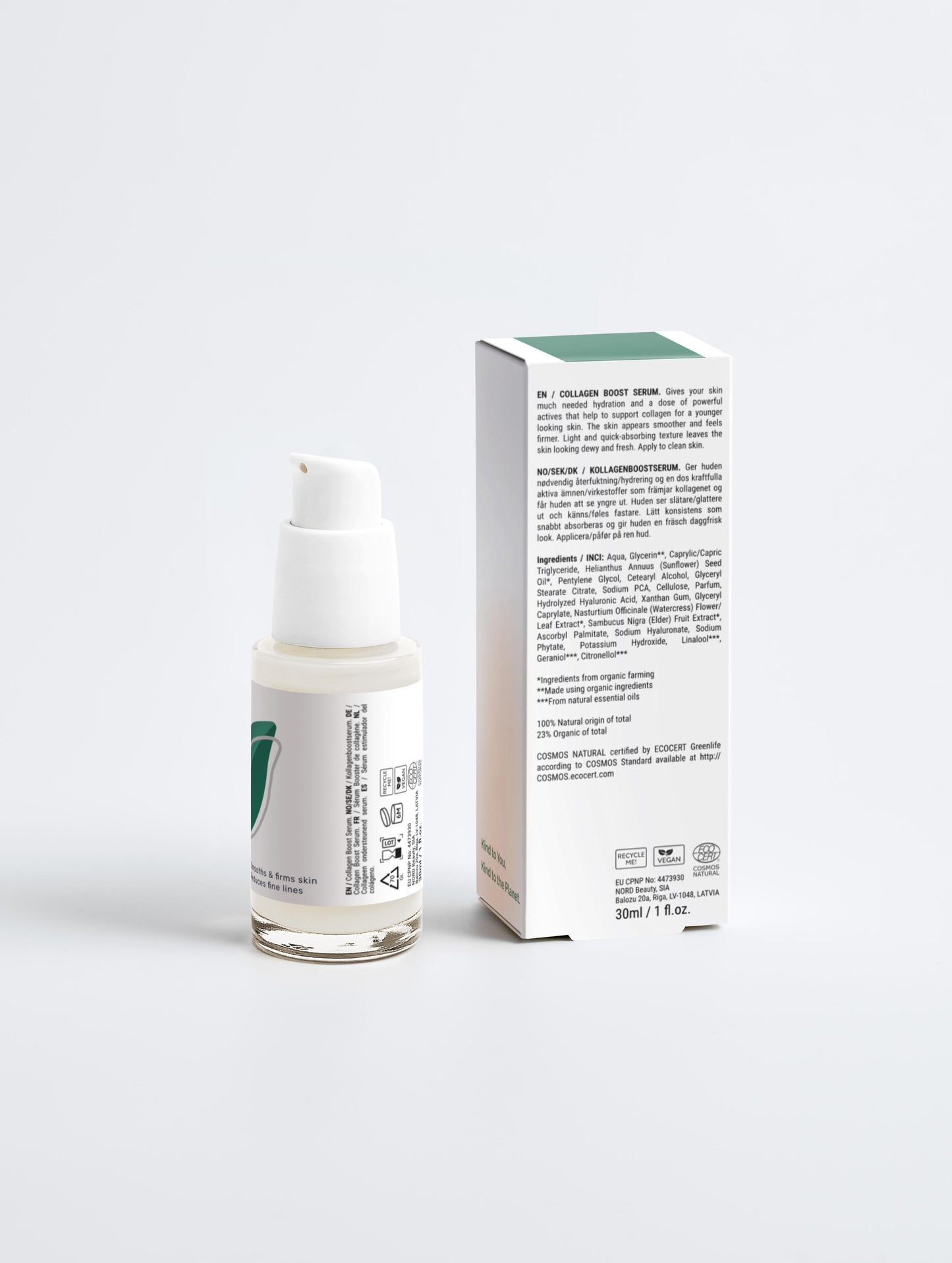 Collagen Boost Serum with box back in a white pump bottle with Green Cloud Nine Logo on a white background
