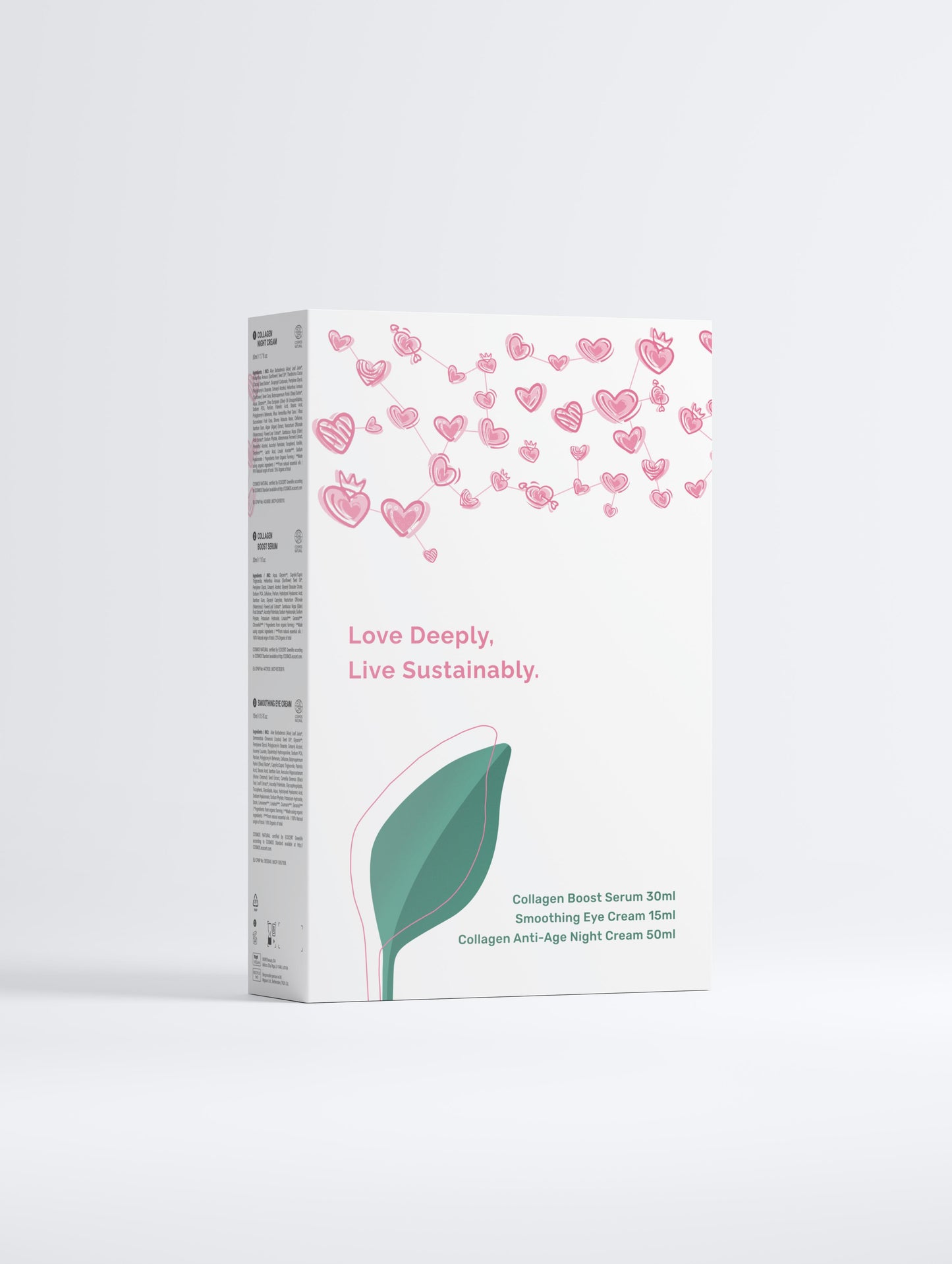 Cosmetic packaging box with heart designs and text on a white background