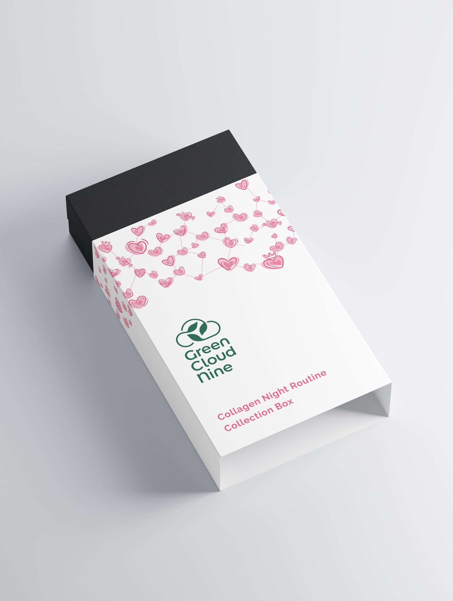 Collagen night routine collection box with pink hearts and 'Green Cloud Nine' branding on a light gray background.