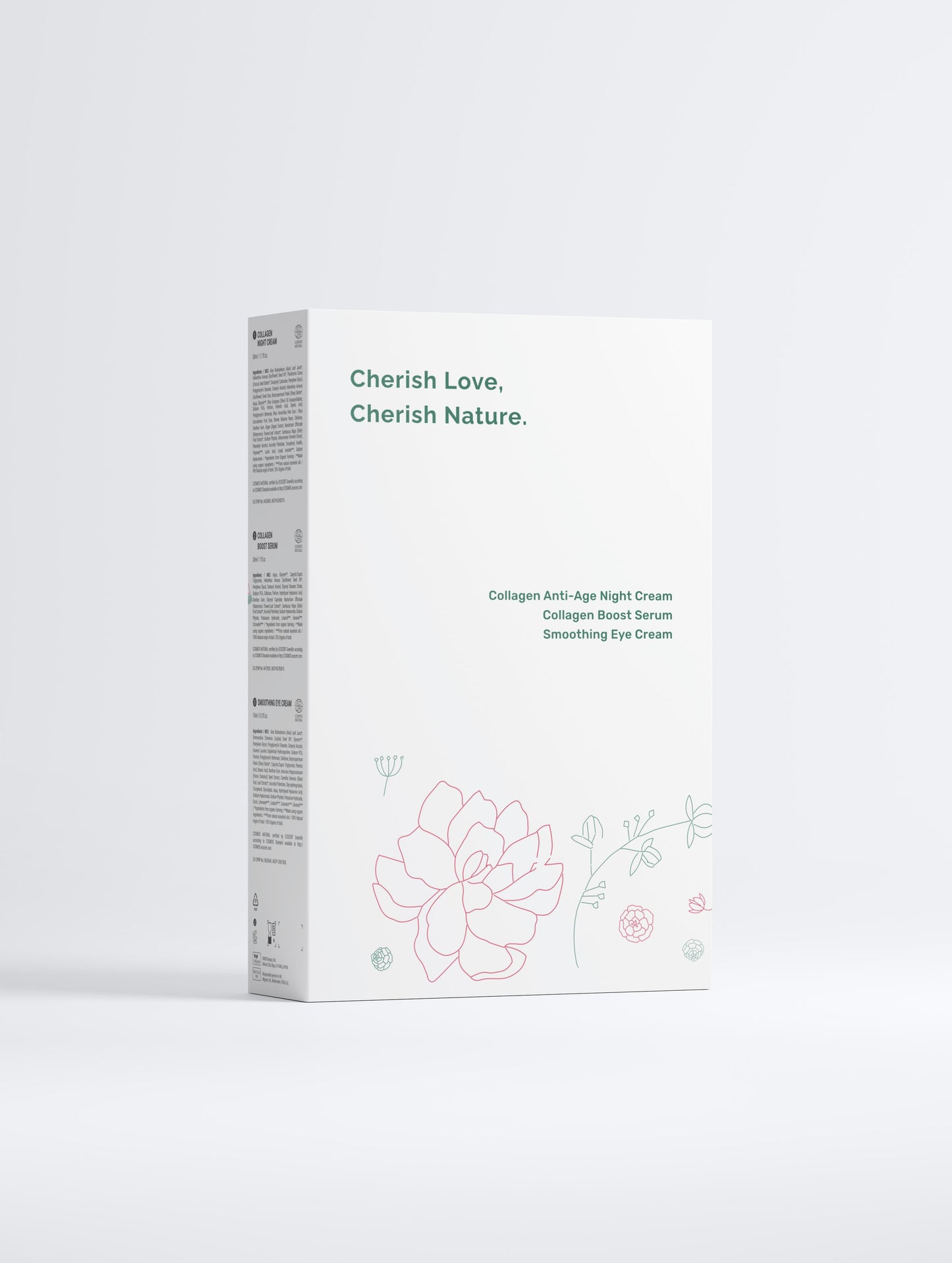 Collagen Night Routine Collection box, with Green Cloud Nine logo, flowers and green leaf. The product is displayed on a white background (back)