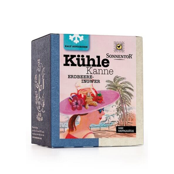 Sonnentor Kühle Kanne organic tea, strawberry-ginger flavor, eco-friendly, refreshing summer drink, no additives