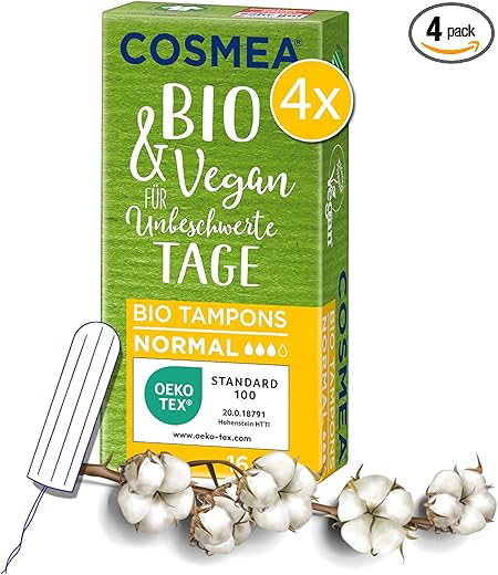 Box of Cosmea Bio Tampons with a cotton branch and tampon illustration, highlighting organic, vegan, and OEKO-TEX certification.