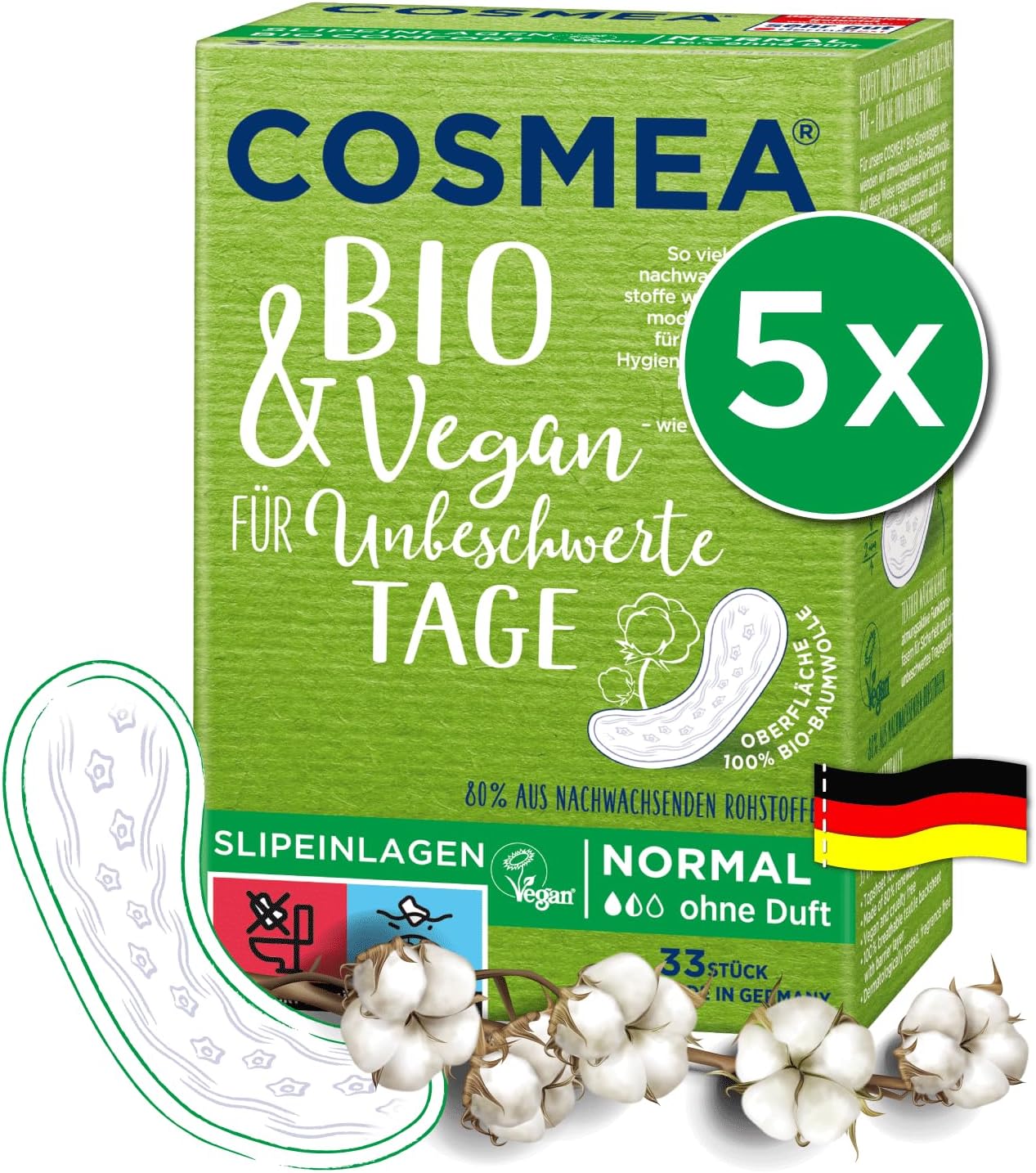Cosmea organic vegan pantyliners box, normal size, 5x pack. Made in Germany with 100% bio-cotton surface, fragrance-free.