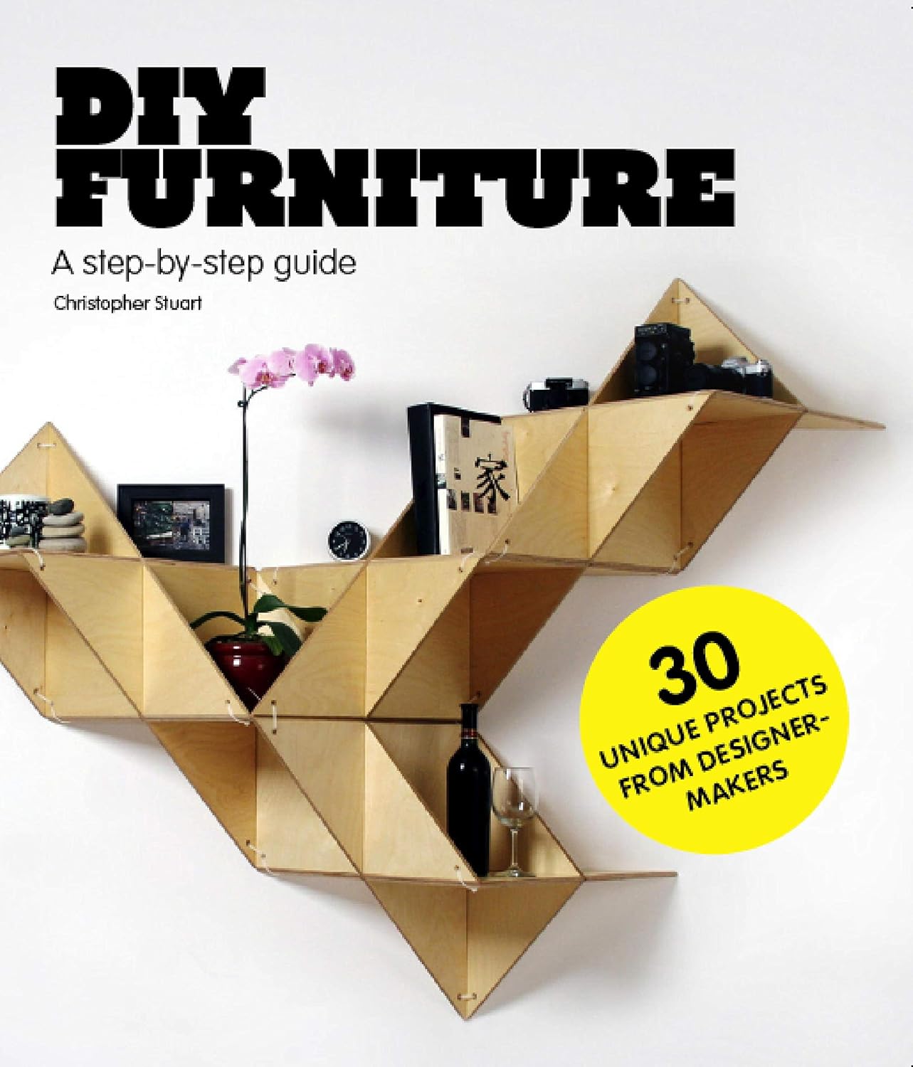 Book cover of 'DIY Furniture' with geometric wooden shelf and text about unique projects.