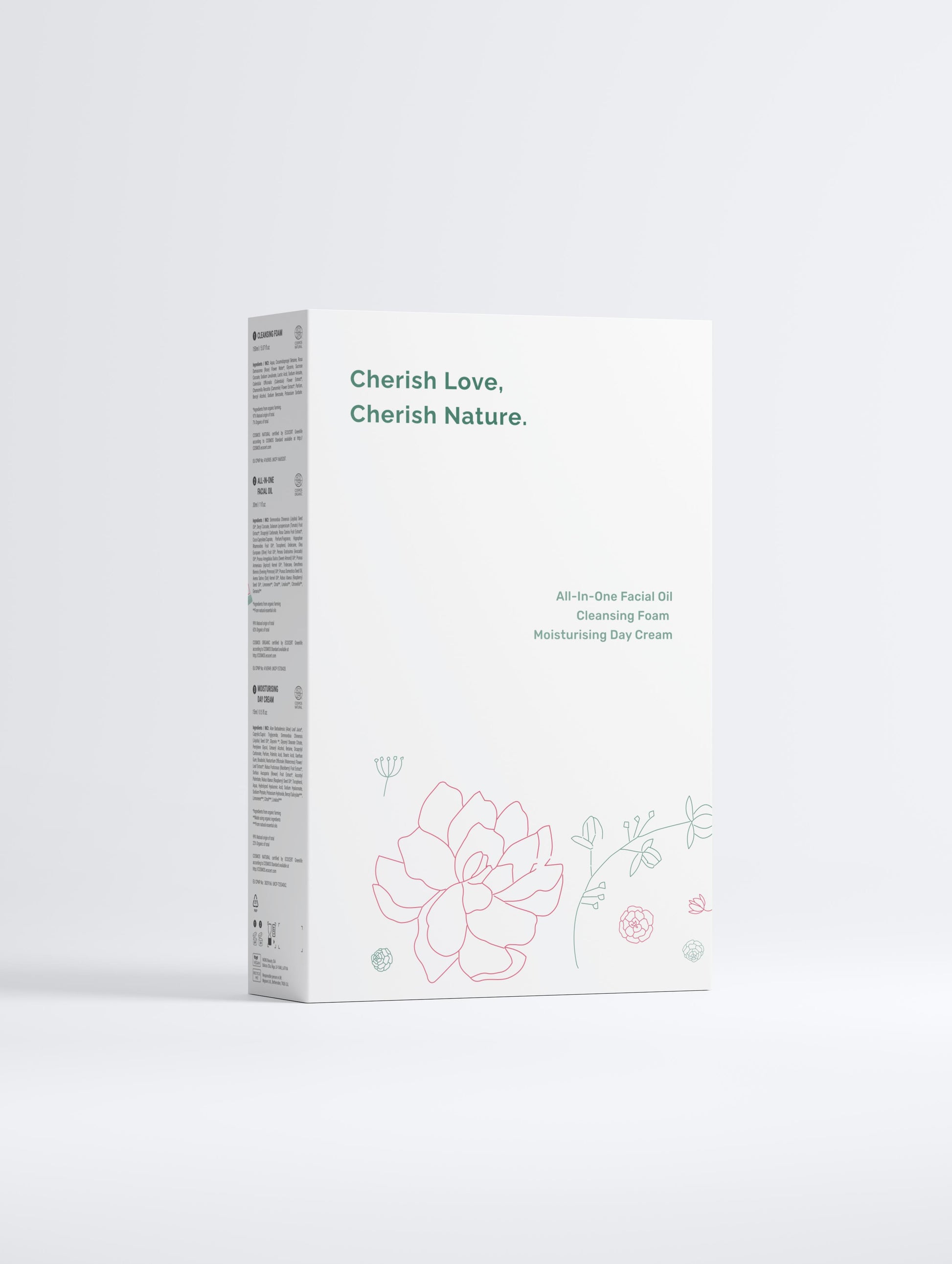 Green Cloud Nine Daily Radiance Collection Box back, with flower illustrations, on a white background