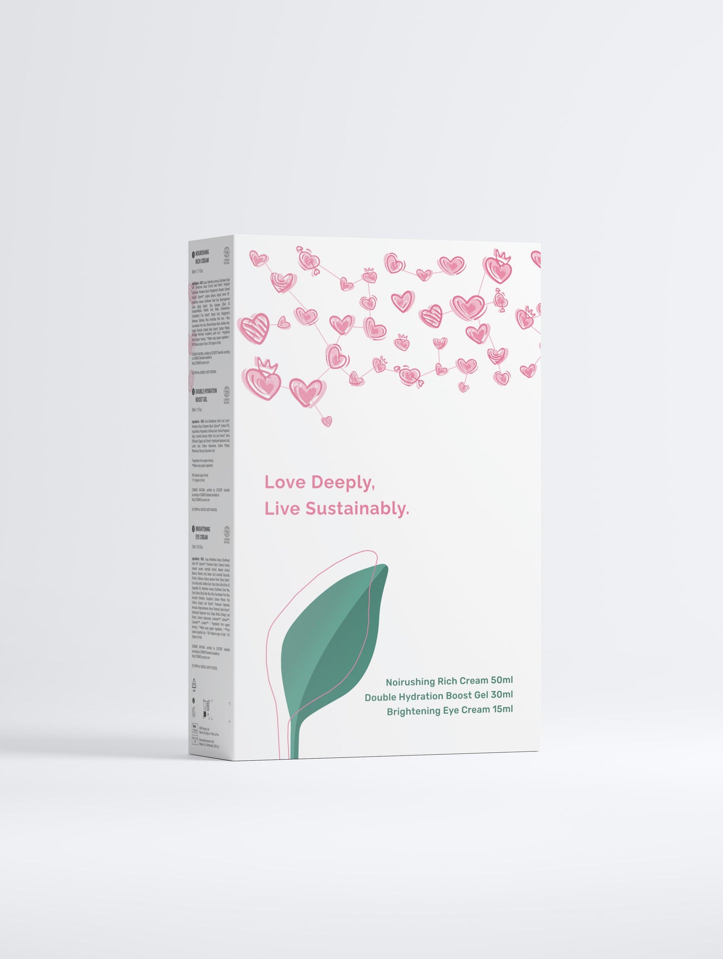 Product packaging with pink hearts and green leaf on a white background
