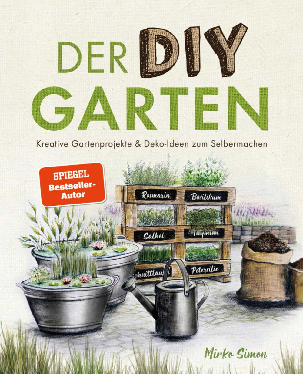 Book cover of 'Der DIY Garten' with gardening-themed illustrations and text.