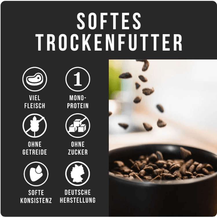 Visual of soft dry dog food from Tales & Tails, highlighting features like high meat content, mono-protein, grain-free