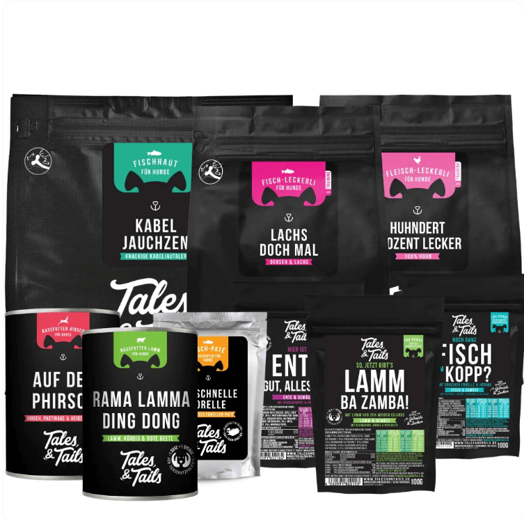 Eco-friendly packaged Tales & Tails dog food products on a white background