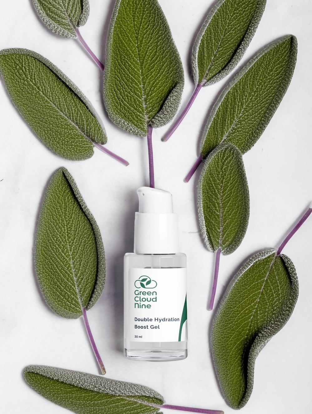 A glass bottle of Green Cloud Nine's Double Hydration Boost Gel on a white background, surrounded by gently curved sage leaves.