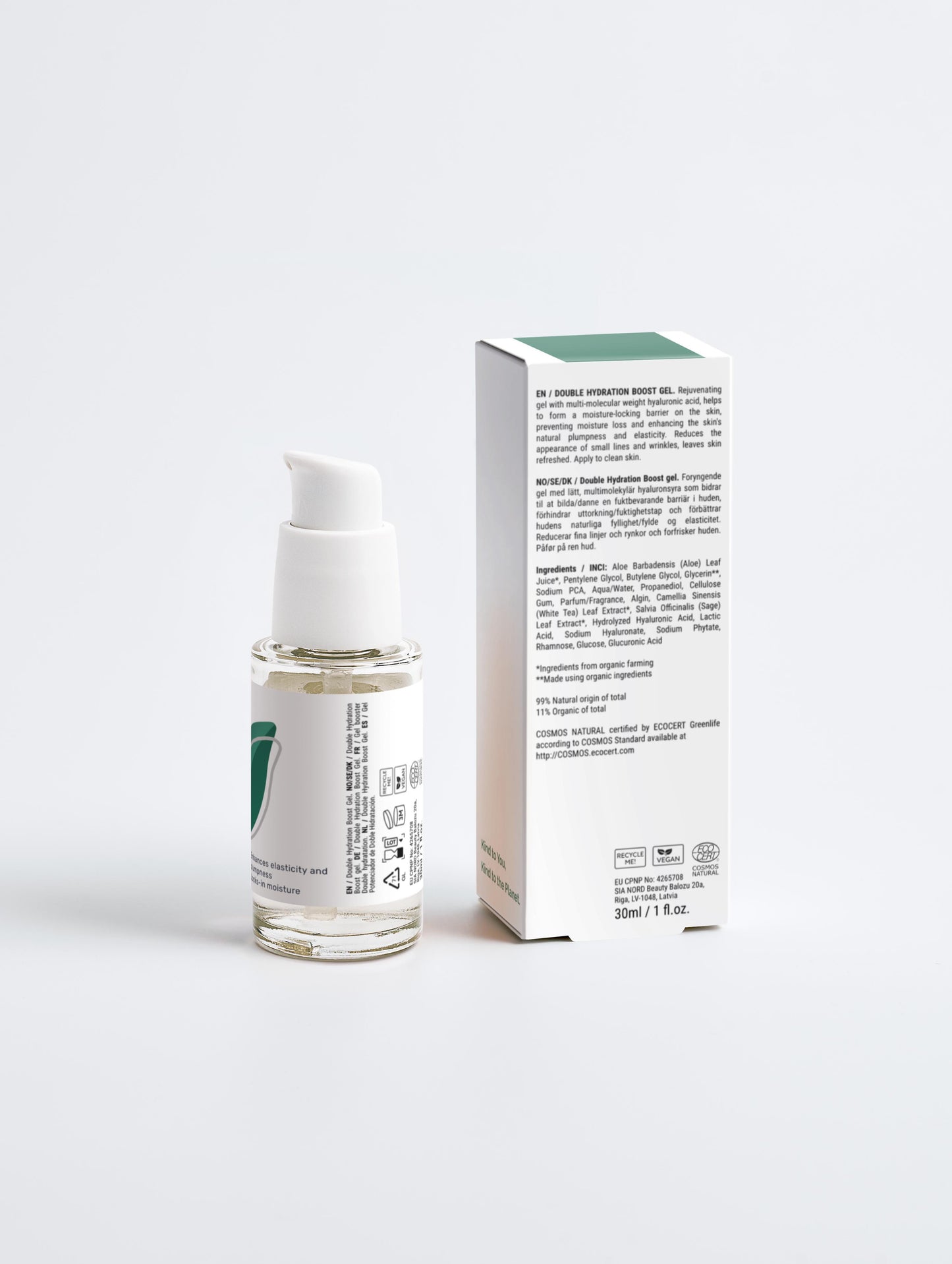 Double Hydration Boost Gel with box back. White pump with green cloud nine logo
