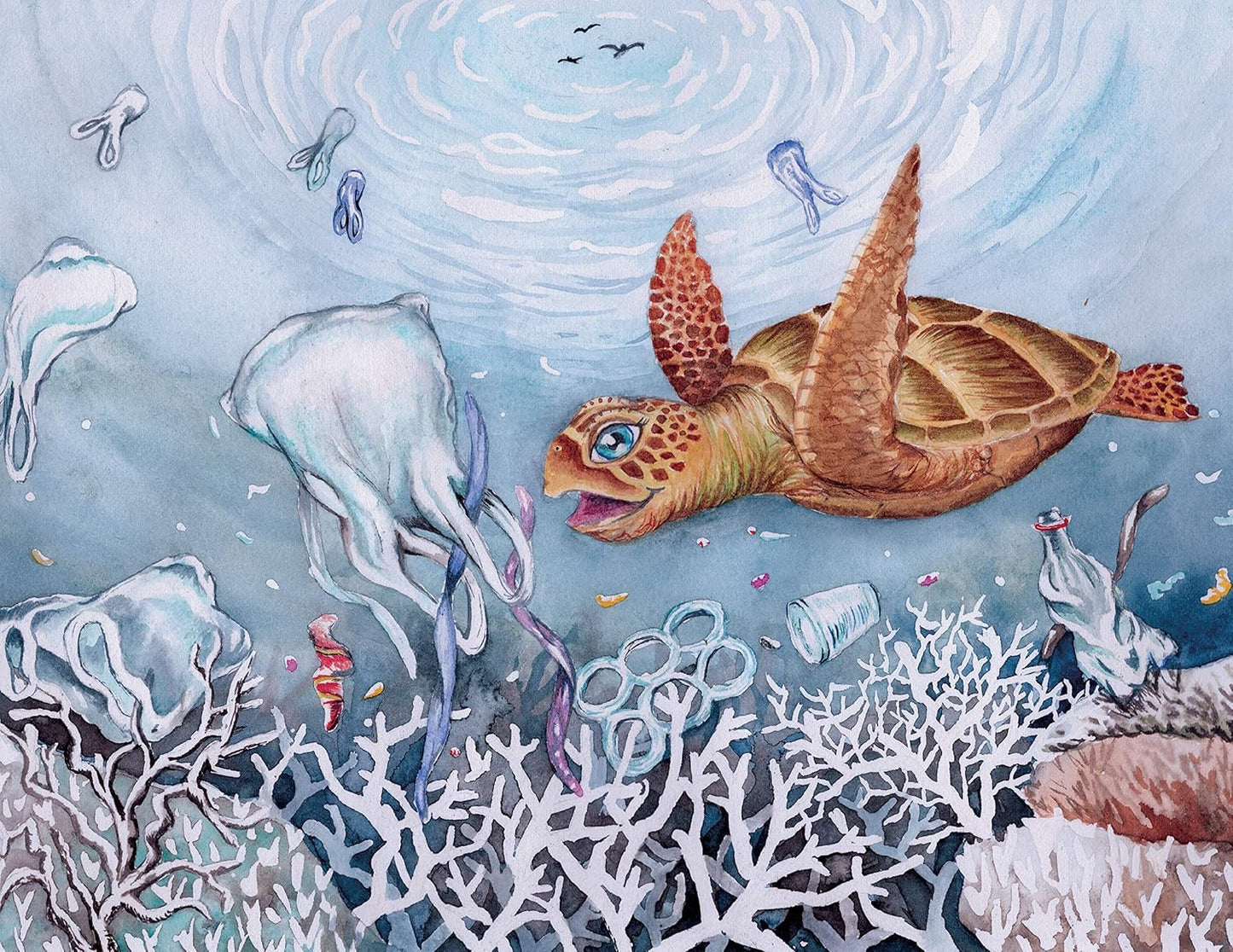 Illustration of a turtle underwater with coral and plastic pollution.