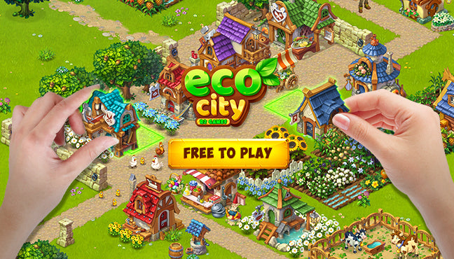 Screenshot of 'Eco City' game with a hand holding a phone, showing the game's interface.
