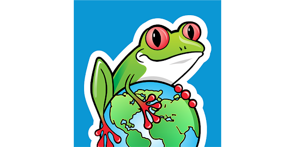 Cartoon frog holding a globe on a blue background