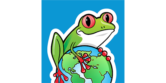 Cartoon frog holding a globe on a blue background