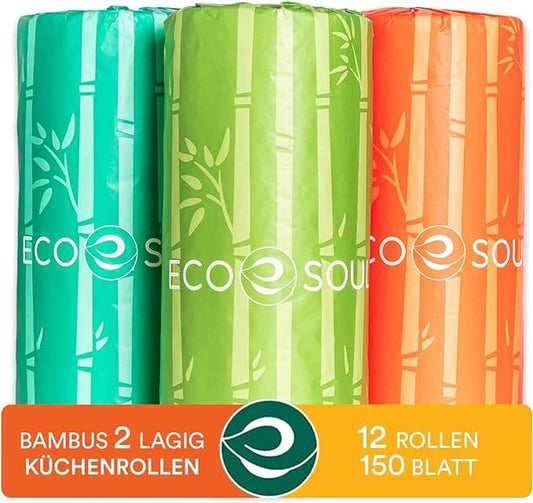 Three rolls of Eco Soul bamboo kitchen paper in green, turquoise, and orange packaging, labeled 2-ply, 12 rolls, 150 sheets.