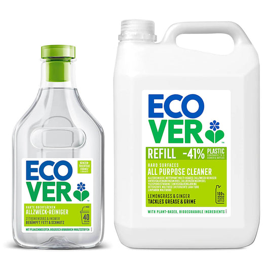 Ecover All-Purpose Cleaner Refill Kit with 5L and 1L bottles, plant-based and biodegradable, for eco-friendly cleaning.