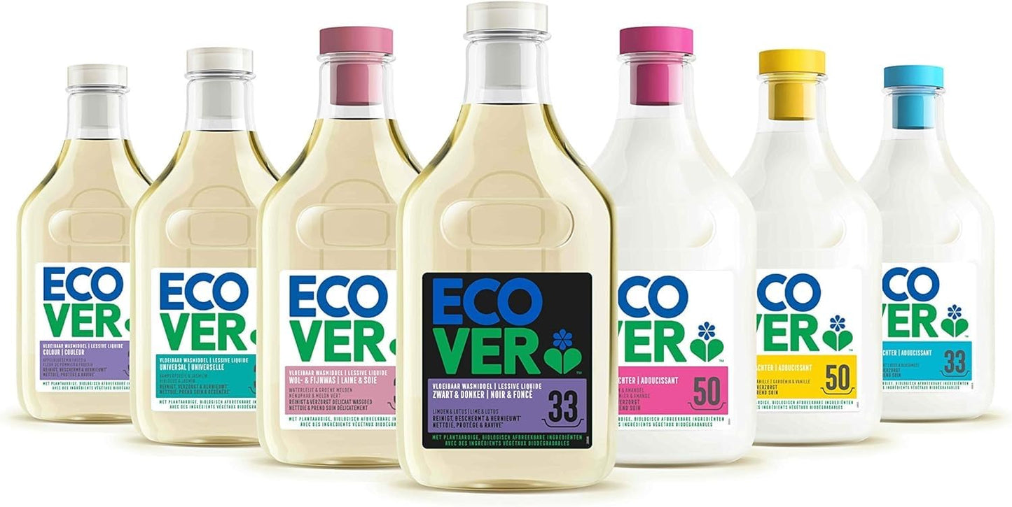 A variety of Ecover laundry detergents and fabric softeners in eco-friendly bottles