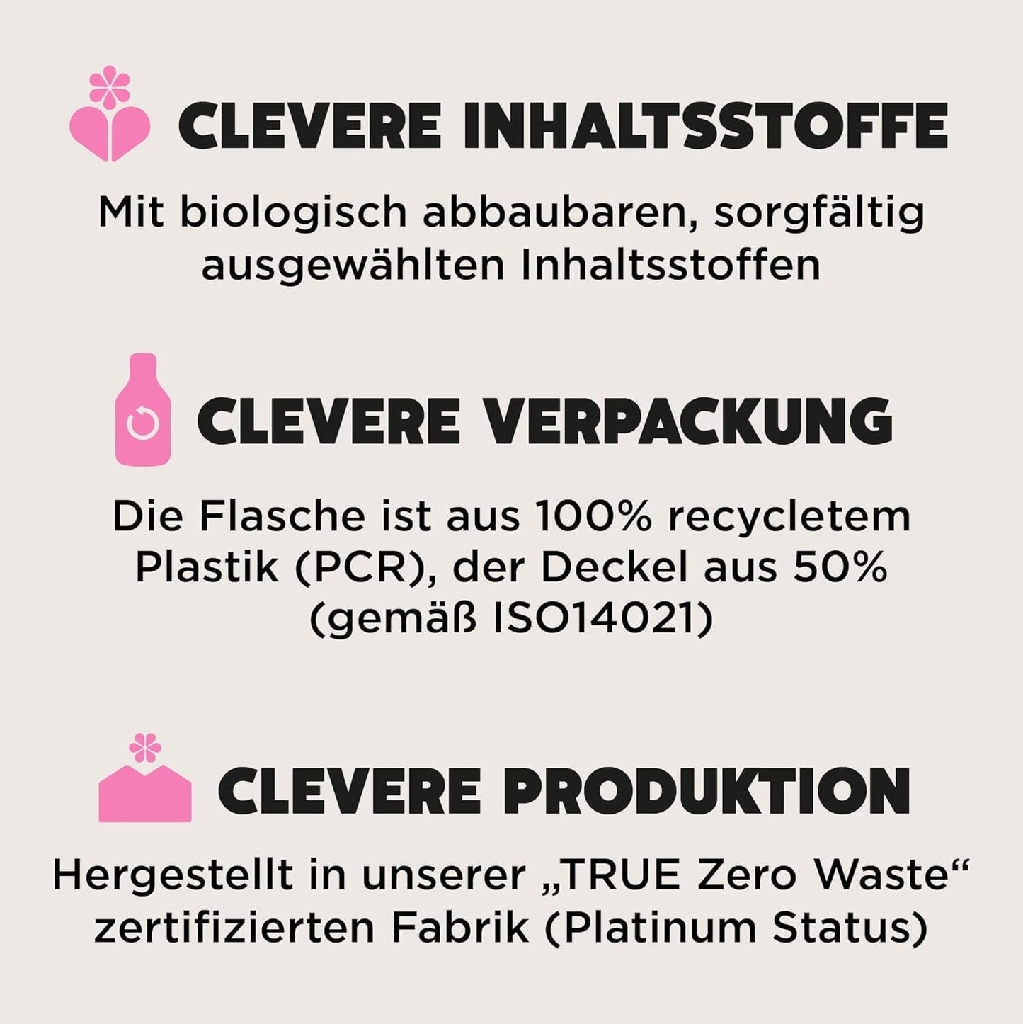 Ecover Universal Laundry Detergent highlights biodegradable ingredients, 100% recycled plastic bottles, and TRUE Zero Waste certified production