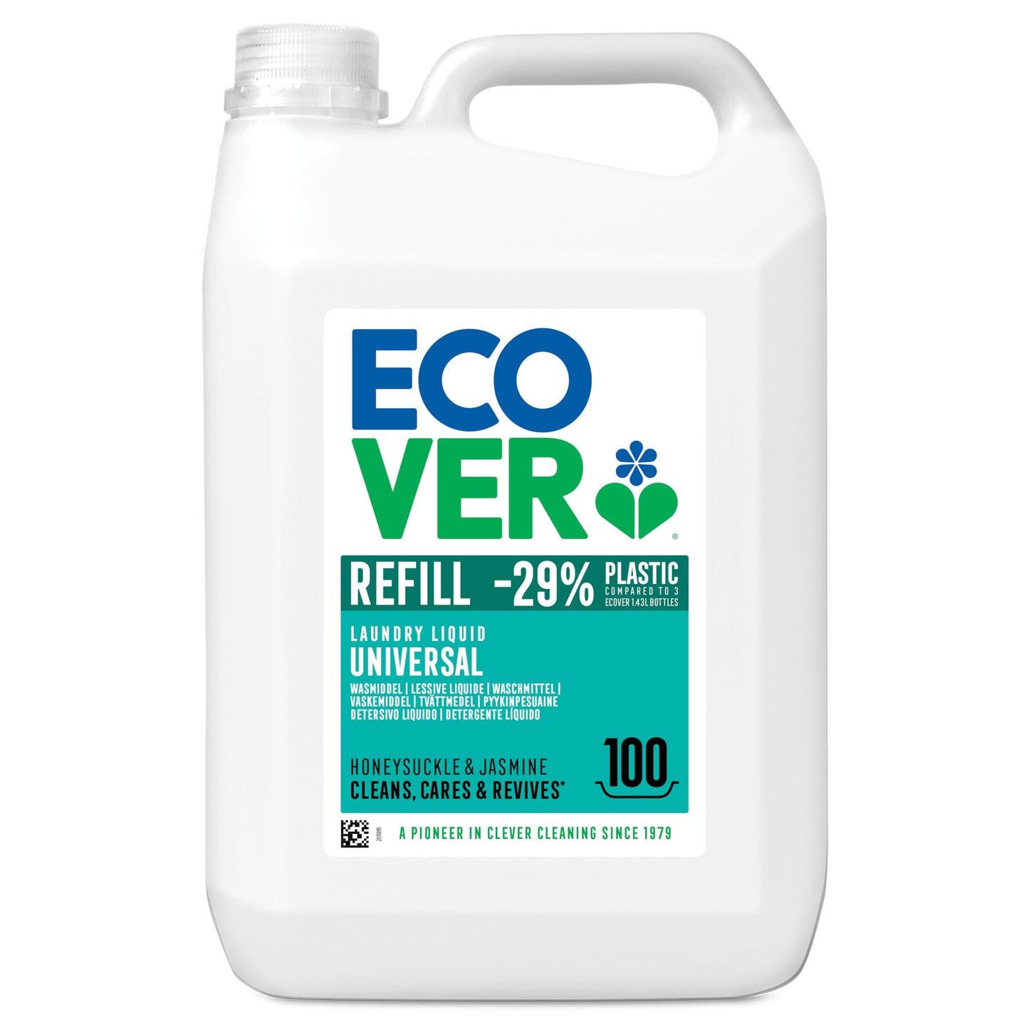 Ecover Universal Laundry Liquid Refill in a sustainable bottle using 29% less plastic.
