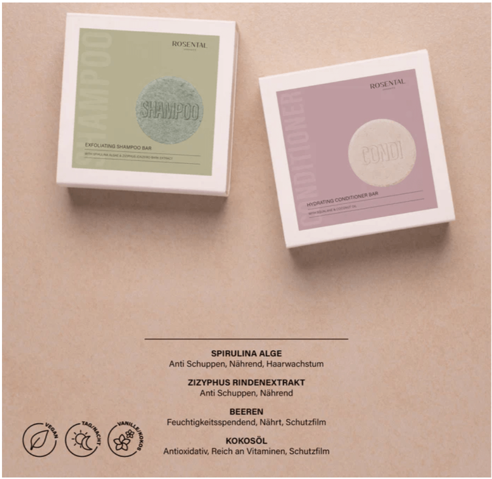 Rosental Exfoliating Shampoo Bar and Hydrating Conditioner Bar duo, eco-friendly solid haircare on neutral background.