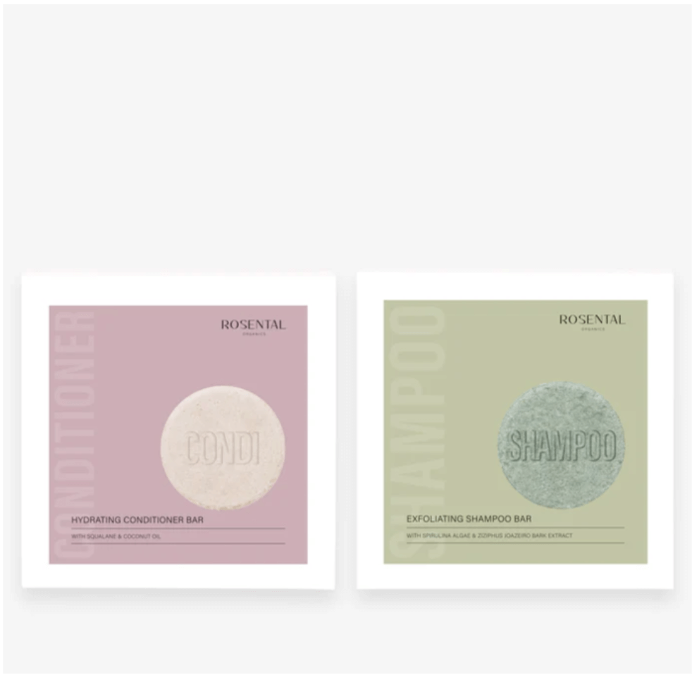 Rosental Exfoliating Shampoo Bar and Hydrating Conditioner Bar duo, eco-friendly solid haircare on white background