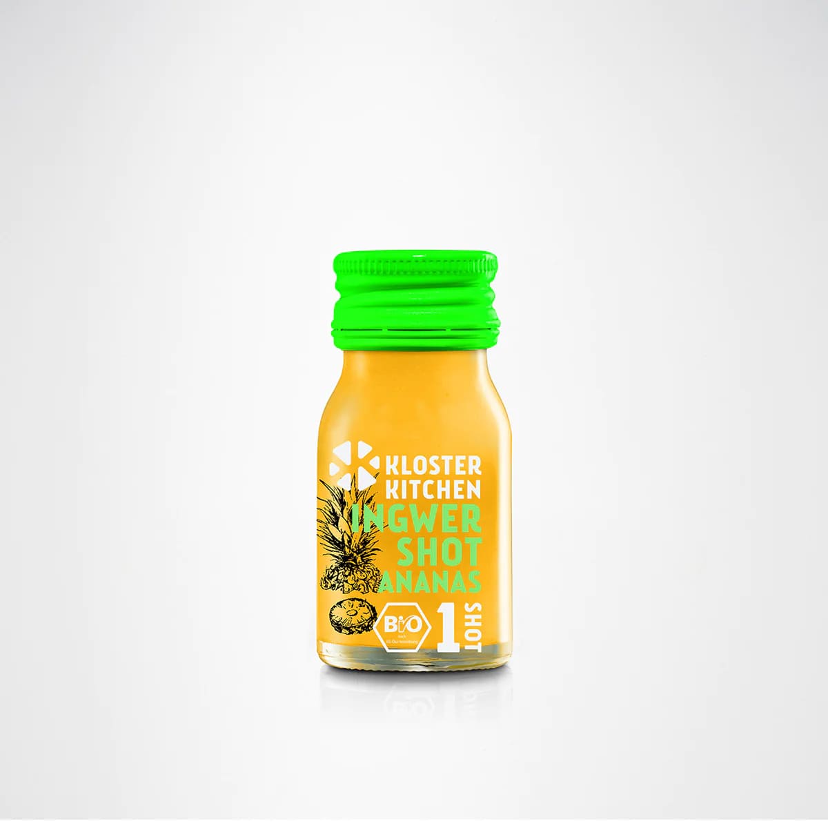 Single Kloster Kitchen Ginger Shot bottle in pineapple flavor