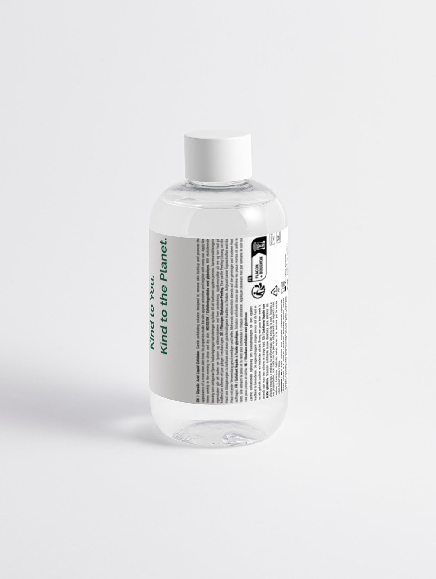 Glycolic Acid Exfoliating Toner back by Green Cloud Nine in a clear bottle with white label on white background.