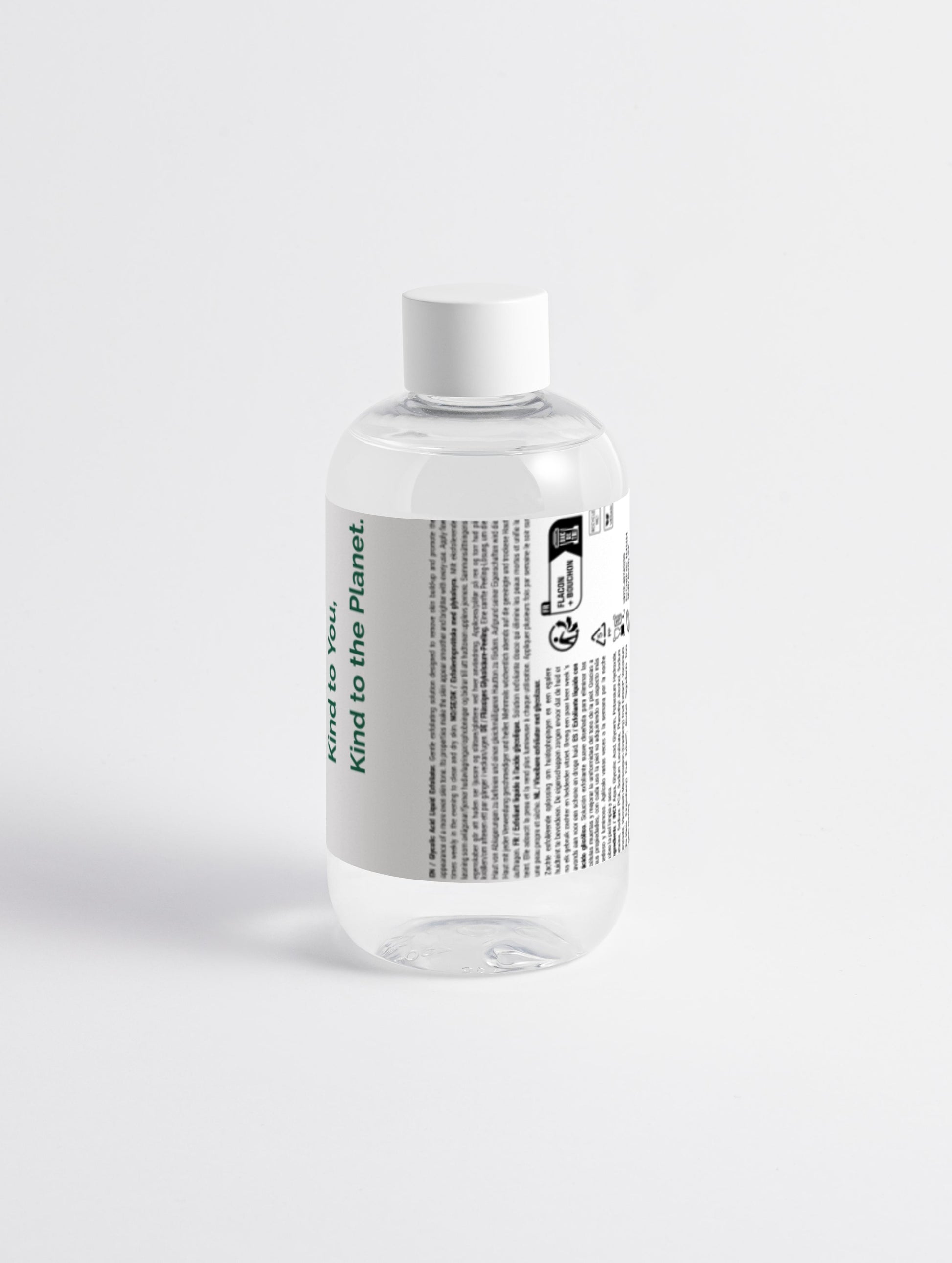 Glycolic Acid Exfoliating Toner back by Green Cloud Nine in a clear bottle with white label on white background.