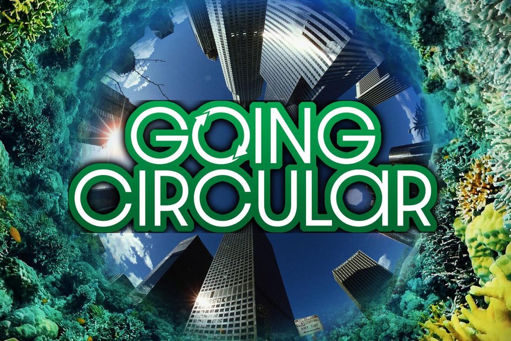 Documentary cover for Going Circular, showing skyscrapers and ocean coral in a circular perspective