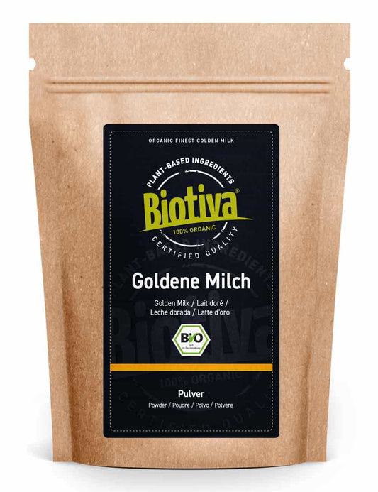 Biotiva Golden Milk Organic powder 100g in a kraft resealable pouch,