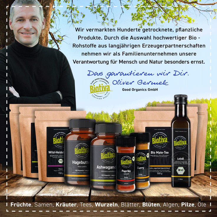 Biotiva organic powders, capsules, and oils made from premium plants—trusted by Dr. Oliver Germel for health and sustainability.