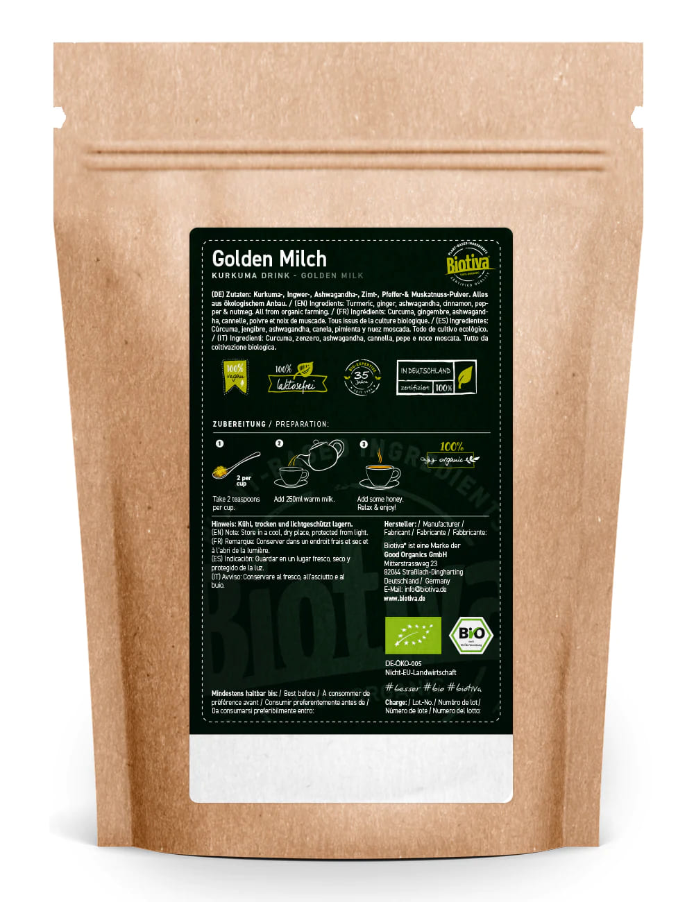 Biotiva Golden Milk Organic powder 100g in a kraft resealable pouch back