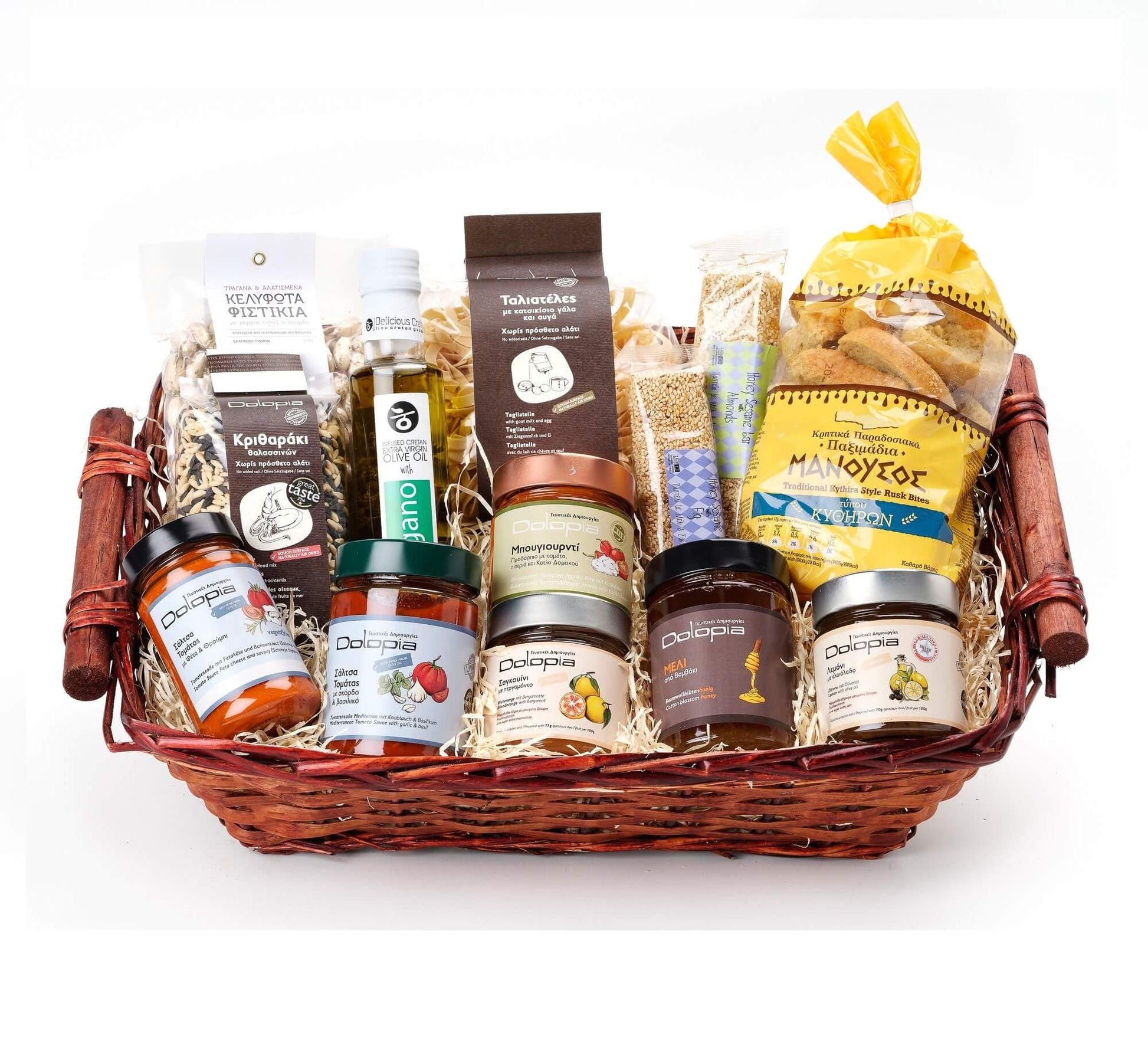 Olympus Greek gift basket with pasta, spreads, olive oil and honey, featuring artisanal delicacies from small producers