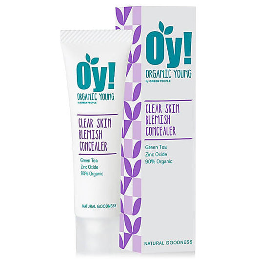 Oy! Organic Young Clear Skin Blemish Concealer tube and box with 90% organic formula, green tea and zinc oxide.
