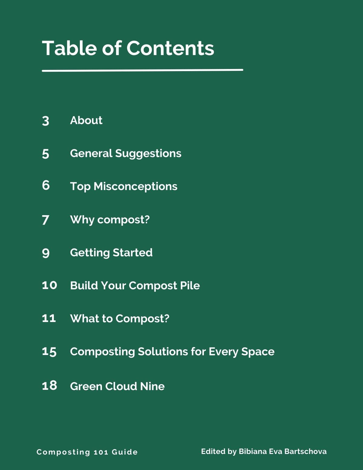 Table of contents of eco-friendly composting guide by Green Cloud Nine.