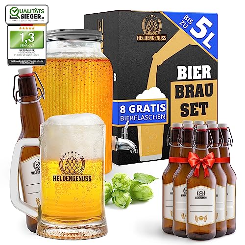 Sustainable Helles beer brewing kit with glass, jar, 8 refillable bottles, and 5L box. Eco-friendly gift for beer lovers.