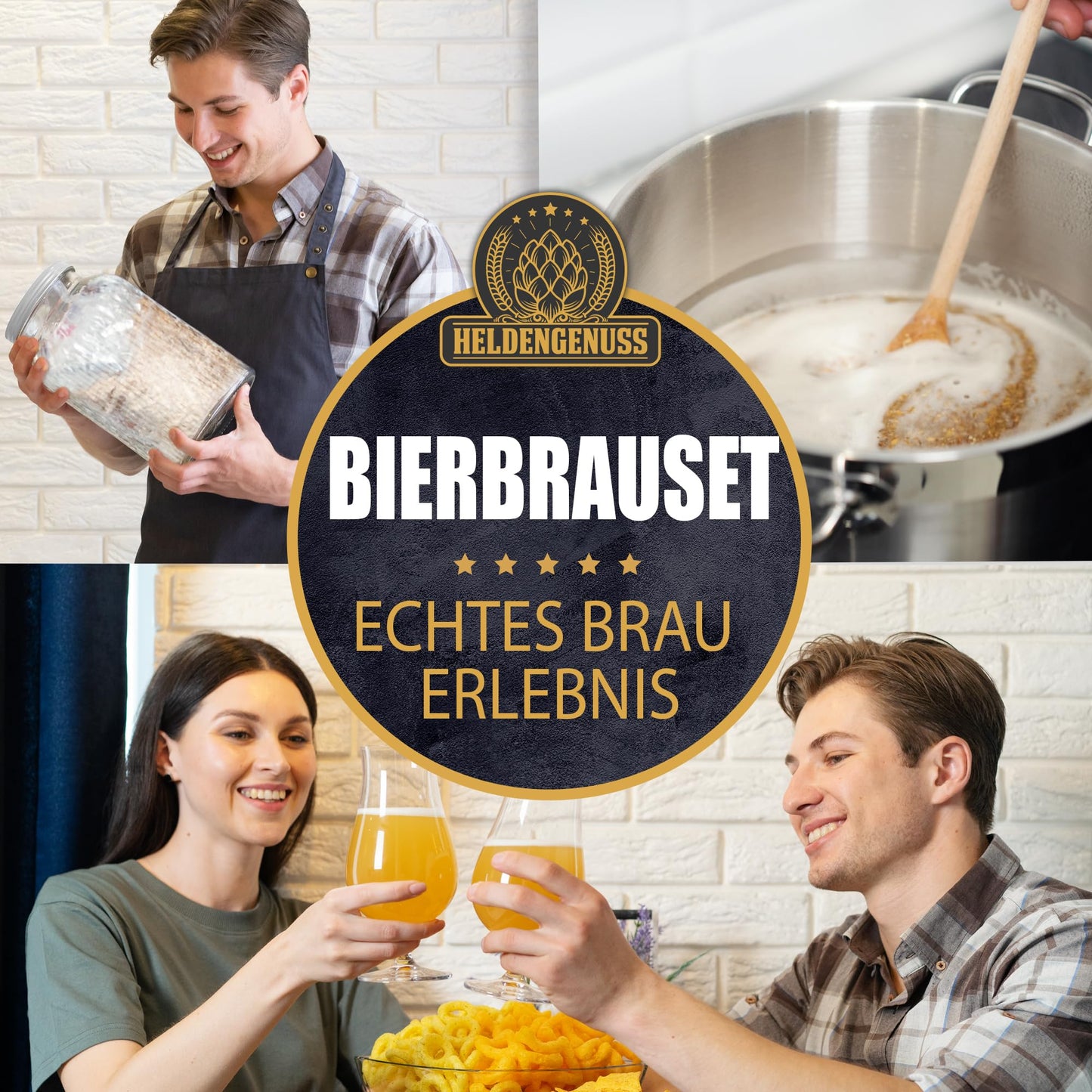 Heldengenuss brewing kit in use, showing brewing steps and two people toasting with homemade beer at home.