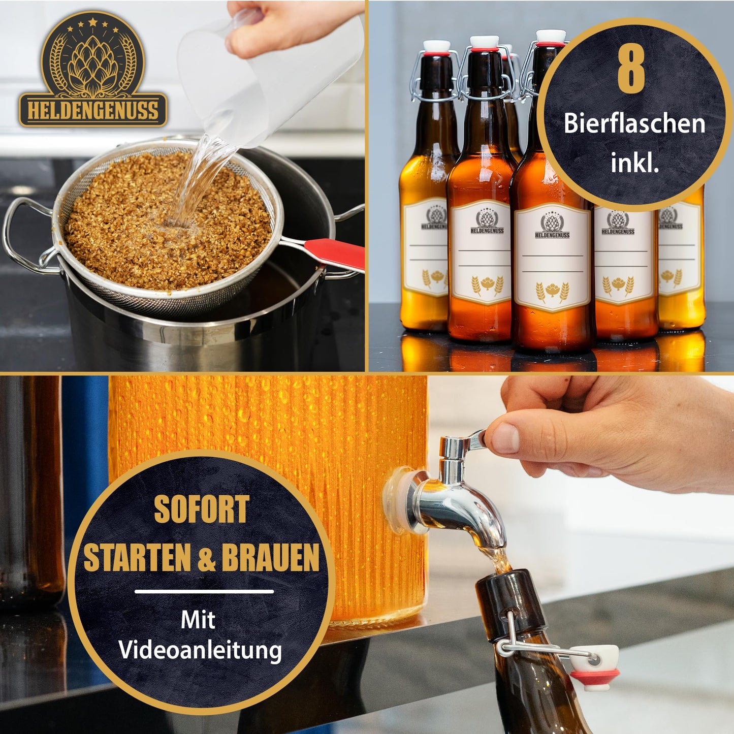 Heldengenuss brewing kit in use, showing grain infusion, 8 reusable bottles, and beer pouring from a fermentation jar.