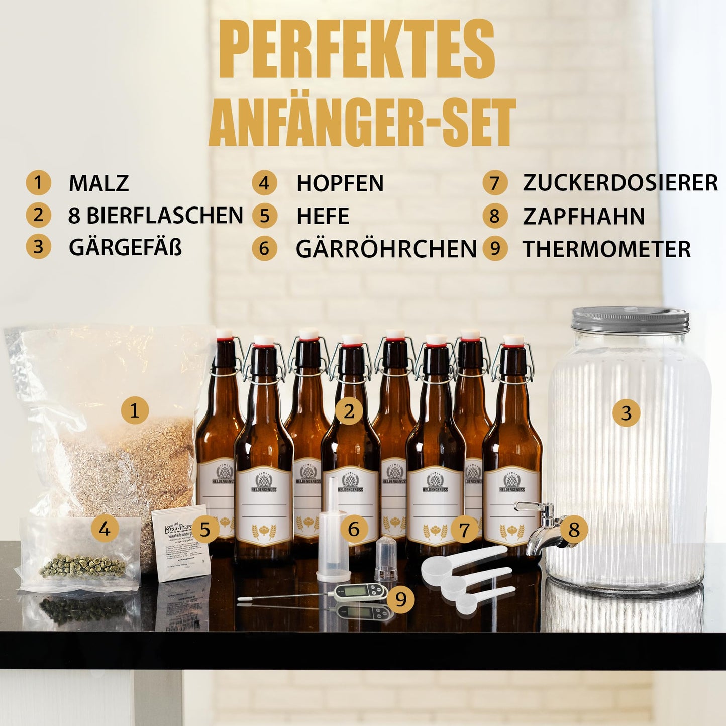 Beginner beer brewing kit with malt, hops, yeast, fermenter, 8 bottles, airlock, tap, sugar measurer, and thermometer.