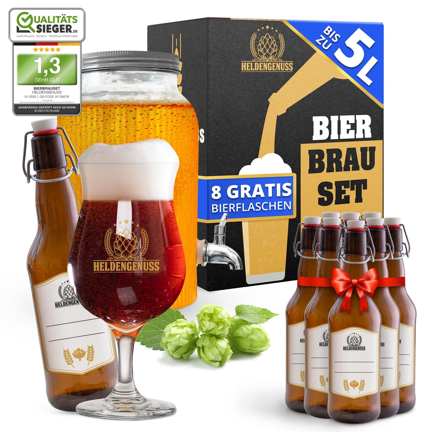 Sustainable Dunklen beer brewing kit with glass, jar, 8 refillable bottles, and 5L box. Eco-friendly gift for beer lovers.
