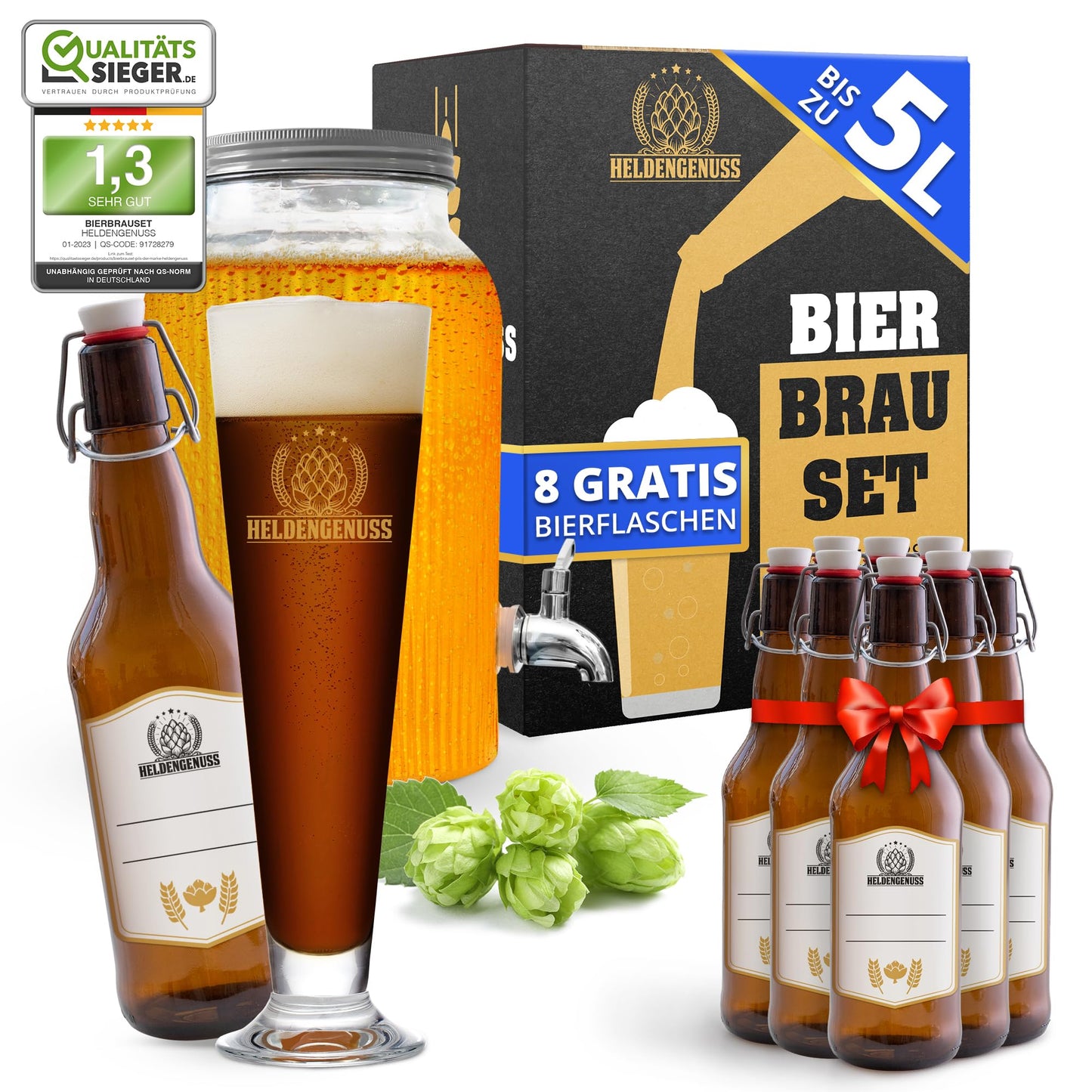 Sustainable Pale Ale beer brewing kit with glass, jar, 8 refillable bottles, and 5L box. Eco-friendly gift for beer lovers.